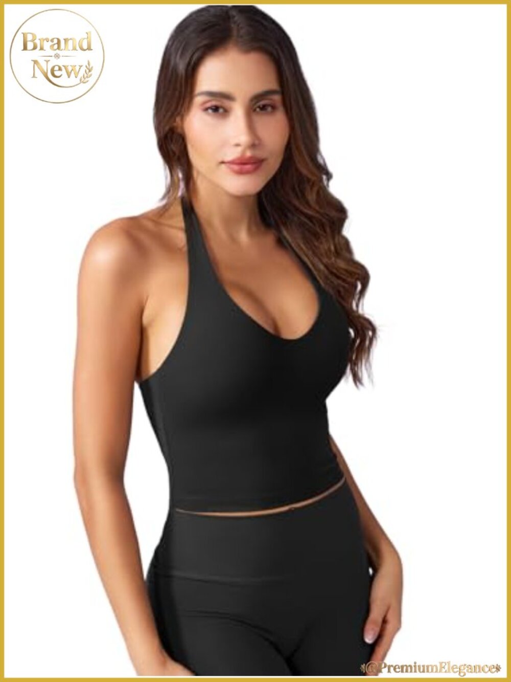 Halter Crop Tank Top with Built-in Bra, V-Neck Backless Yoga Top, Stretchy